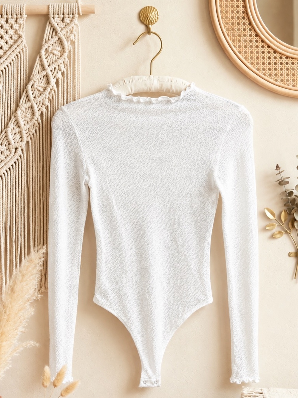 NWT Free People Intimately White Ruffled Mock Neck Long-Sleeve Bodysuit Sweater